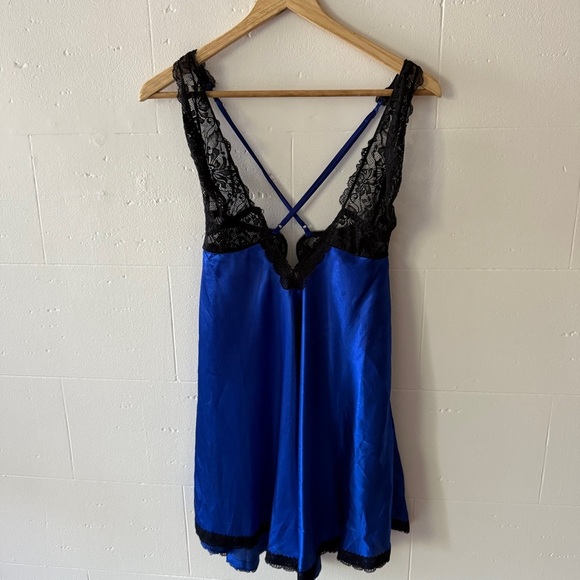 La Vie en Rose Electric Blue Satin Slip Dress with Black Lace - Picture 1 of 9